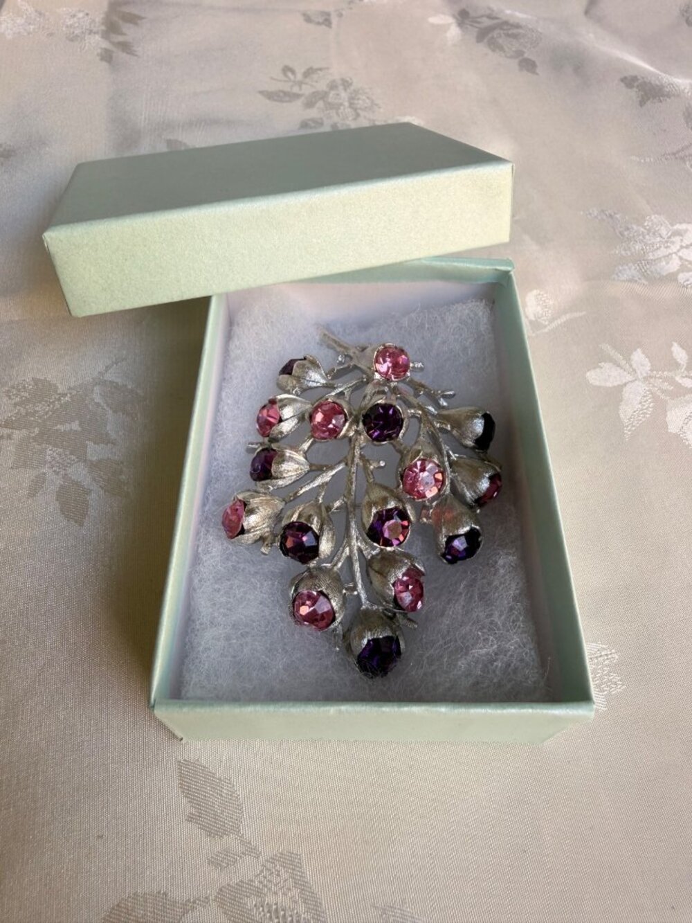 Vintage Silver-Tone Floral Brooch w/ Pink & Purple Rhinestones
